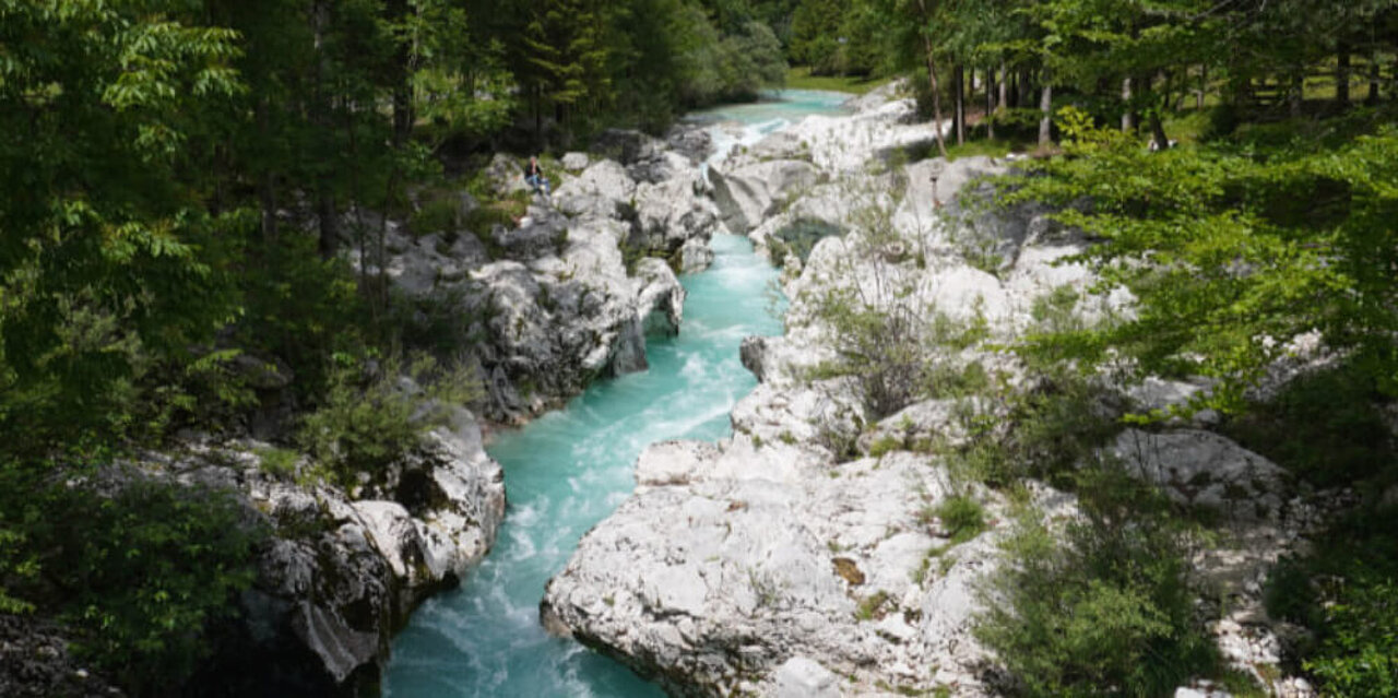 Smaragdgrün schimmert der Soca-Fluss, im Soca-Tal in Slowenien