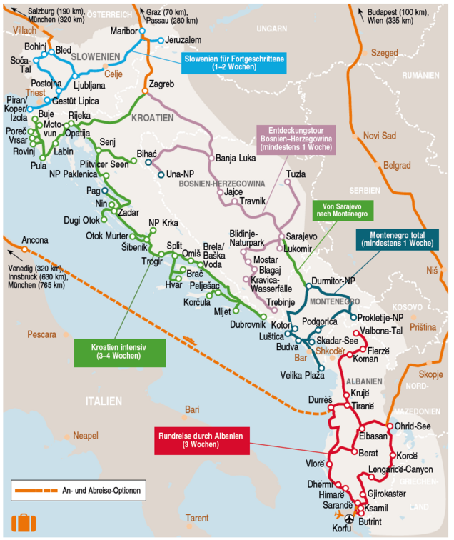 Auf dem Bild sieht man die Routenvorschläge aus dem Buch Stefan Loose Travelhandbücher Balkan - die Adriaroute
