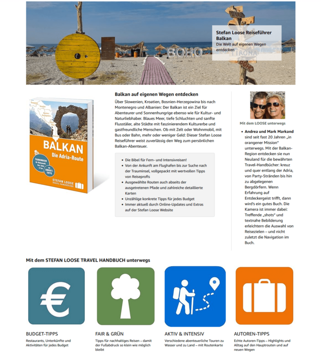Zu sehen ist der Werbeauftritt des Verlages für das Balkan-Buch der Reihe Stefan Loose TRavelhandbücher bei amazon